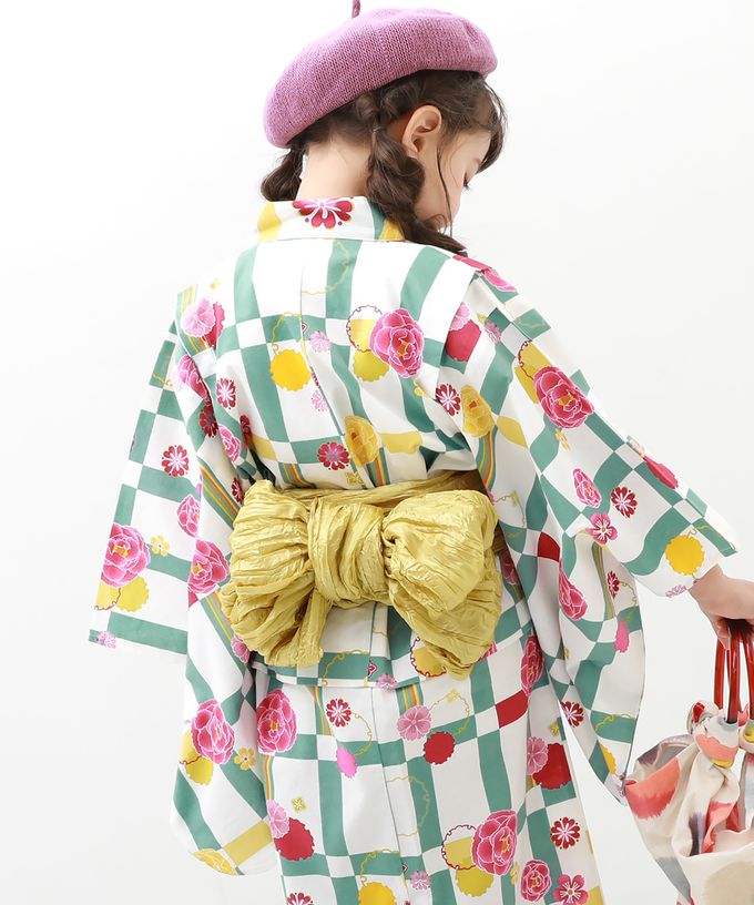 日本 devirock - 純棉夏日祭典花朵浴衣兵兒帶2件組-牡丹格紋-粉x綠