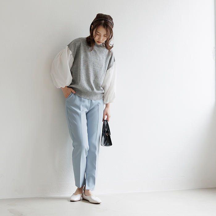 日本 ihuu - 氣球袖拼接薄針織上衣-黑x白