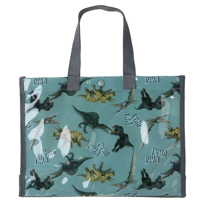 日本 ZOOLAND - 防水PVC手提袋/游泳包-寫實恐龍-墨綠 (25x34cm)