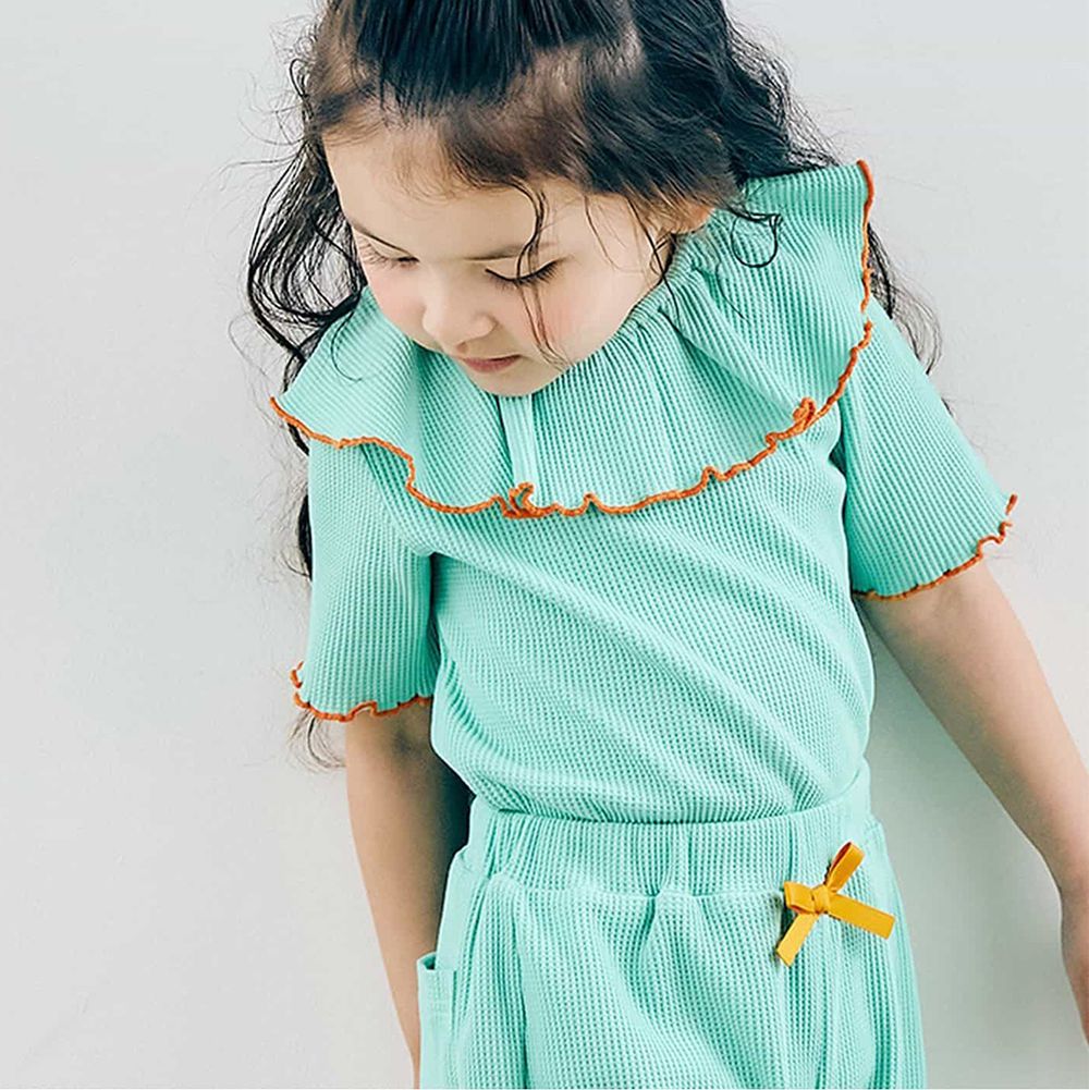 浪漫捲邊荷葉領華夫格短袖上衣-素面-薄荷綠