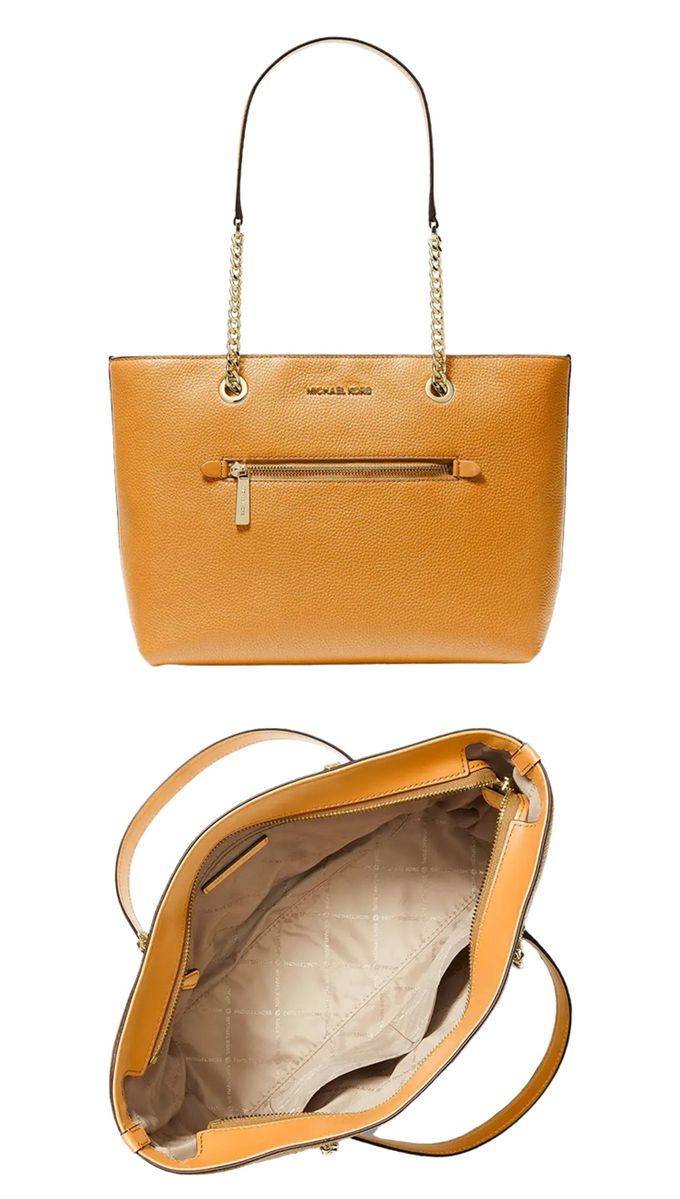 MICHAEL KORS - 素面皮革鏈帶肩背包-桔黃