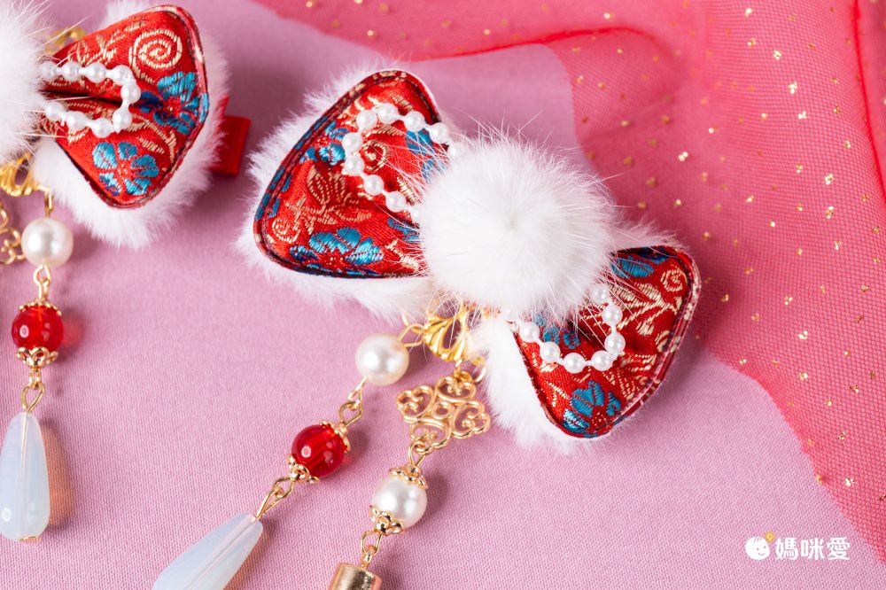 兔年喜氣洋洋拜年兒童髮飾-蝴蝶結+小金兔-紅色