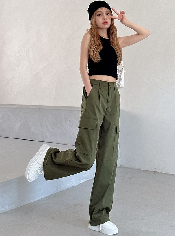 日本 GRL - 休閒百搭工裝口袋長褲-軍綠