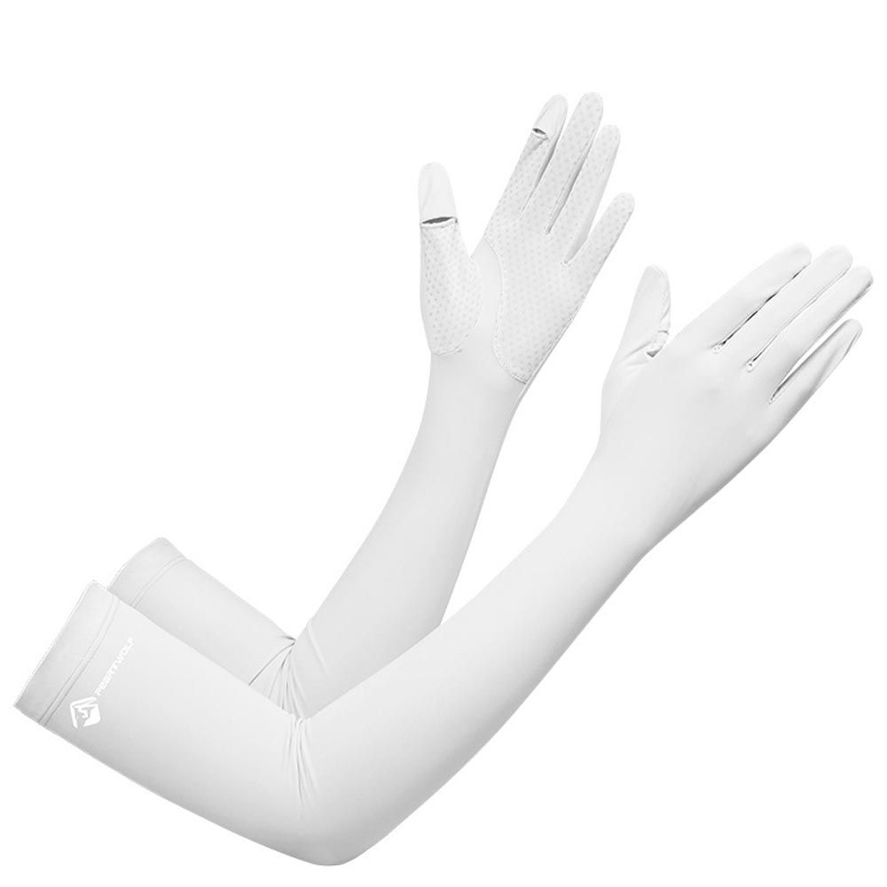 UPF50+成人冰絲涼感防曬袖套-指尖開口款-白色 (F(約52x10CM))