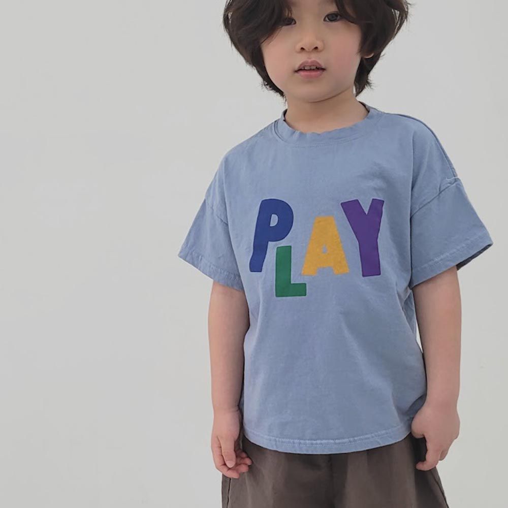 韓國 The Funny - PLAY字母印短袖上衣-灰藍