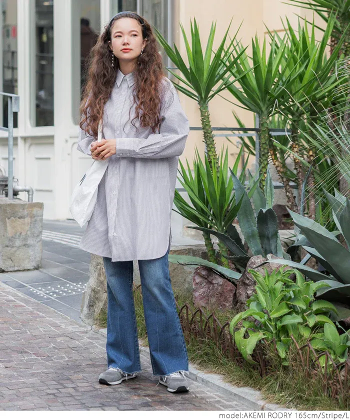 日本 COCA - 簡約落肩翻領長袖襯衫-條紋-水藍