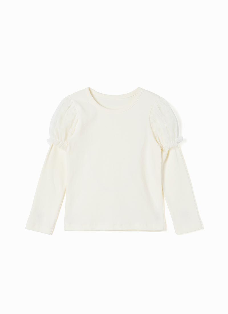 韓國 OZKIZ - 點點網紗公主袖拉絨上衣