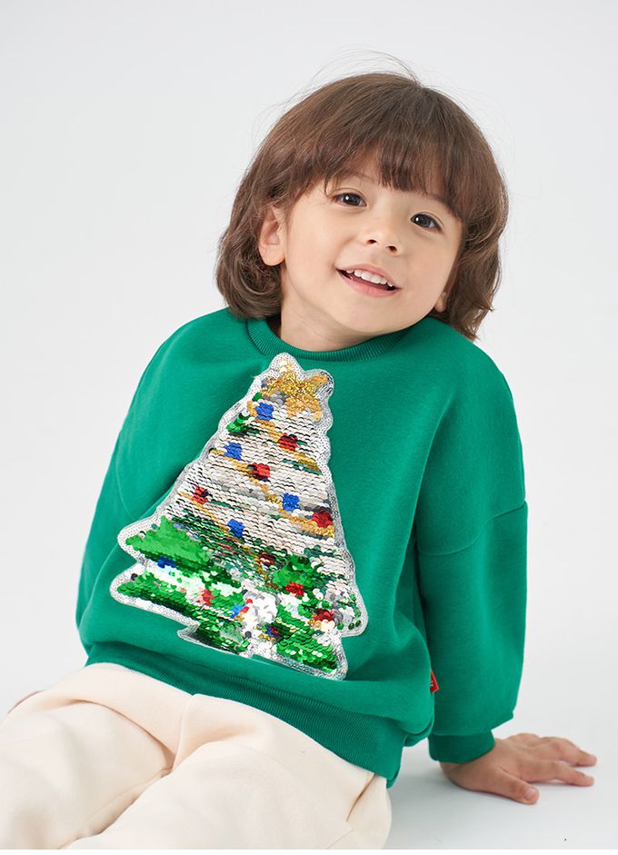 韓國 OZKIZ - (內磨毛)閃亮變色長袖大學T-聖誕樹-綠