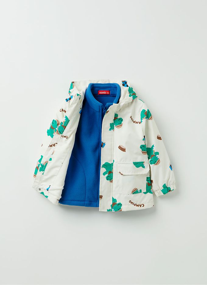韓國 OZKIZ - (兩件式)防潑水搖粒絨連帽外套-郊遊恐龍-米白X藍