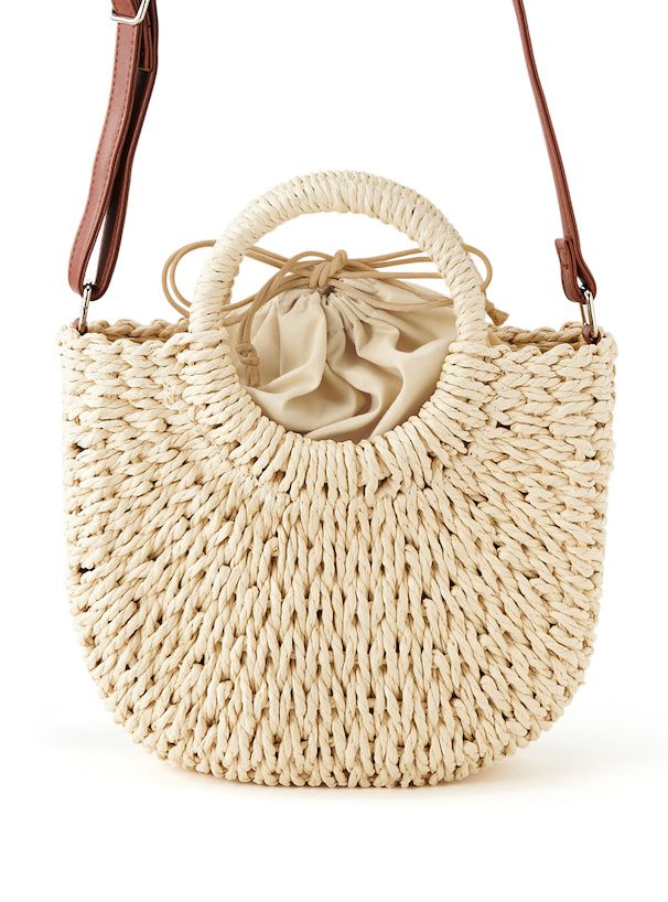 日本 GRL - 2WAY半月形草編手提包-米杏 (F)