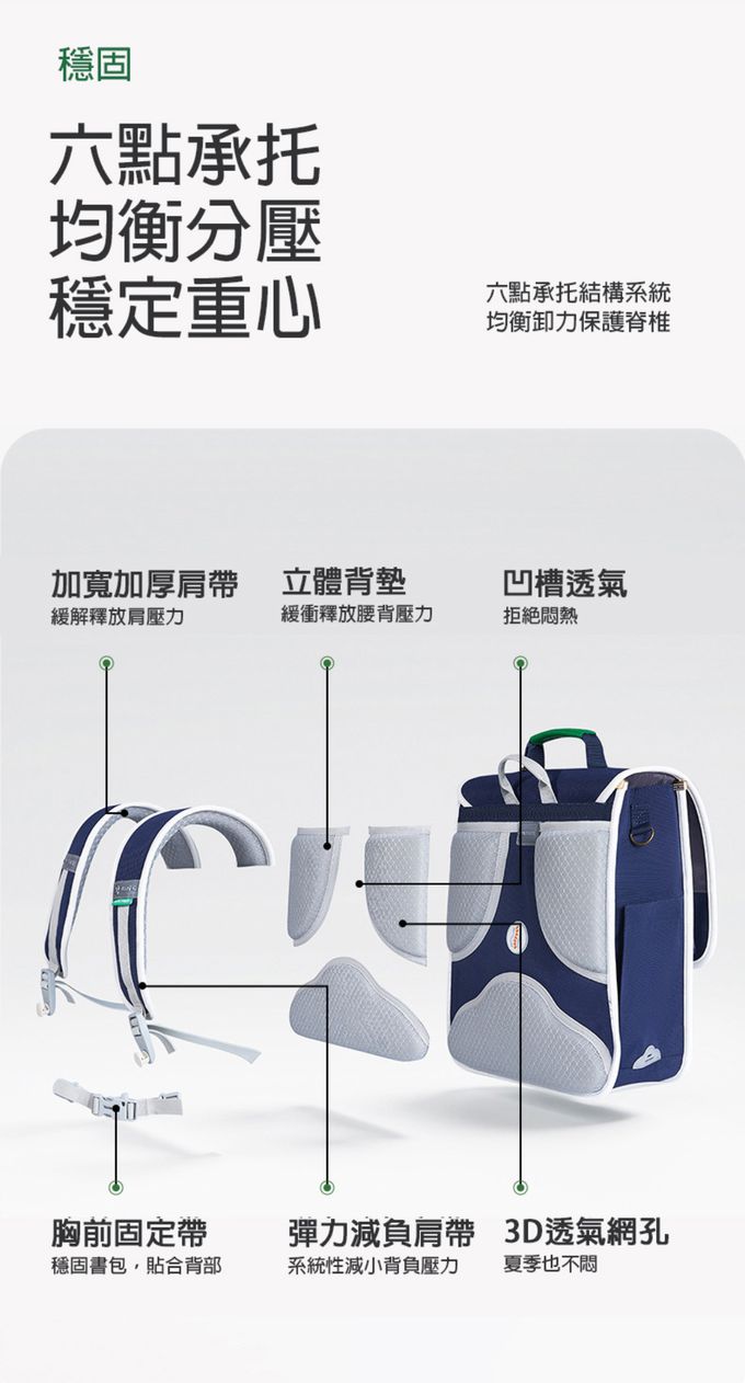 kocotree - 簡約掀蓋護脊書包-大碼-藍色