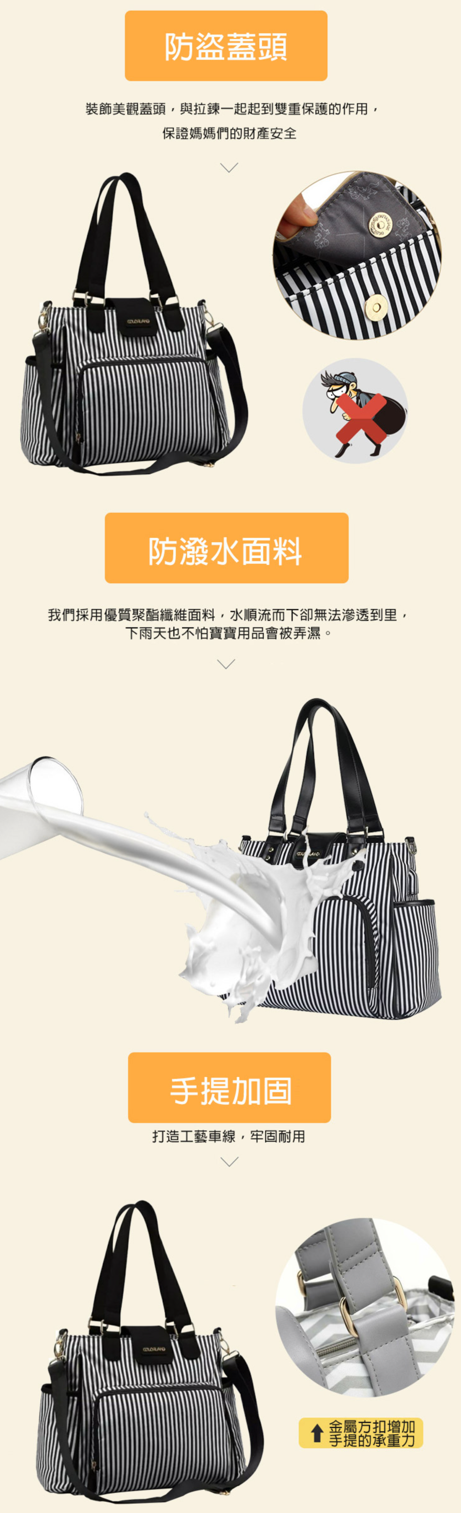 Colorland - 多格層手提&肩背包 中型時尚 附USB接頭-灰色 (35*16*28cm)