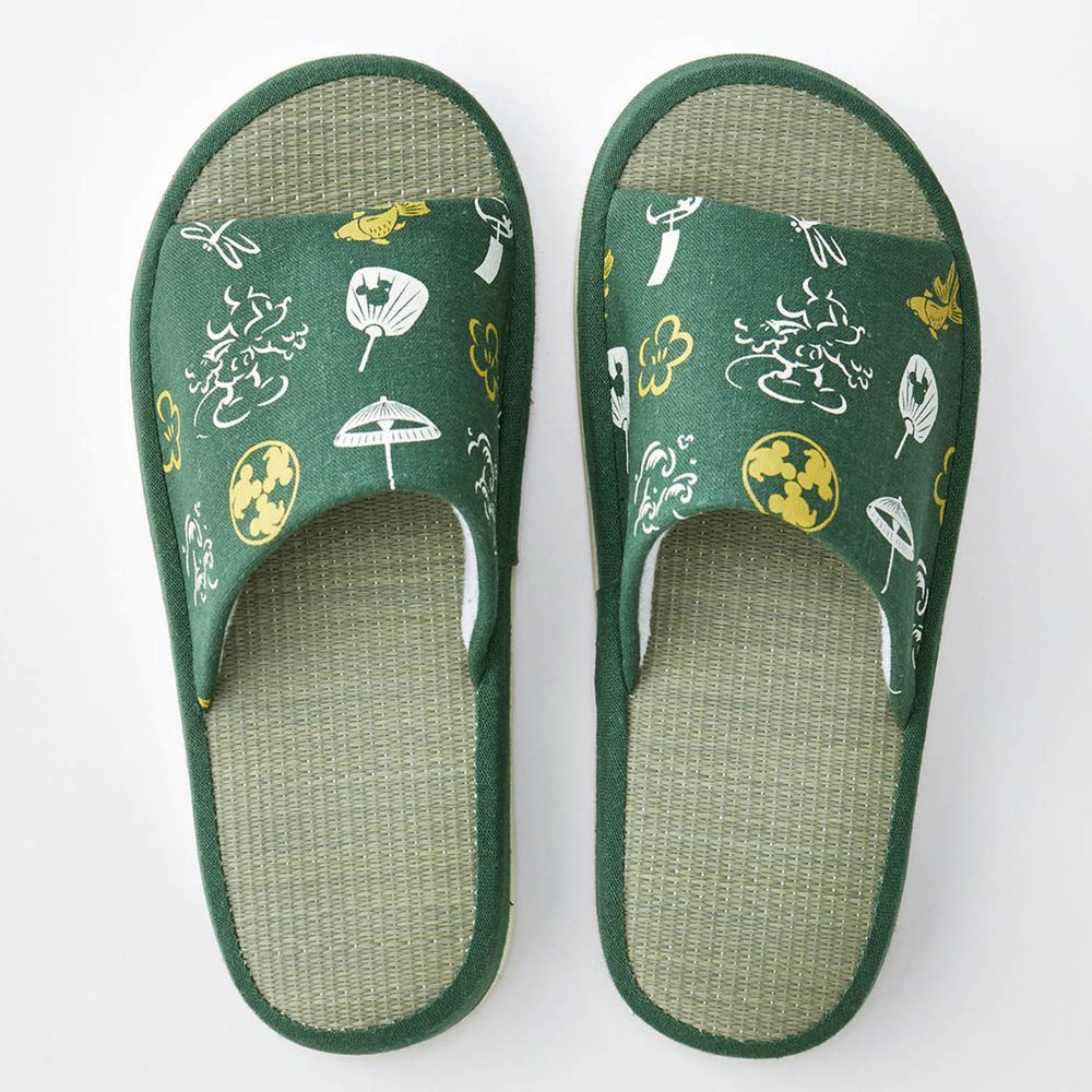 日本千趣會 - 迪士尼 涼感草編室內拖鞋-和風米奇-深綠