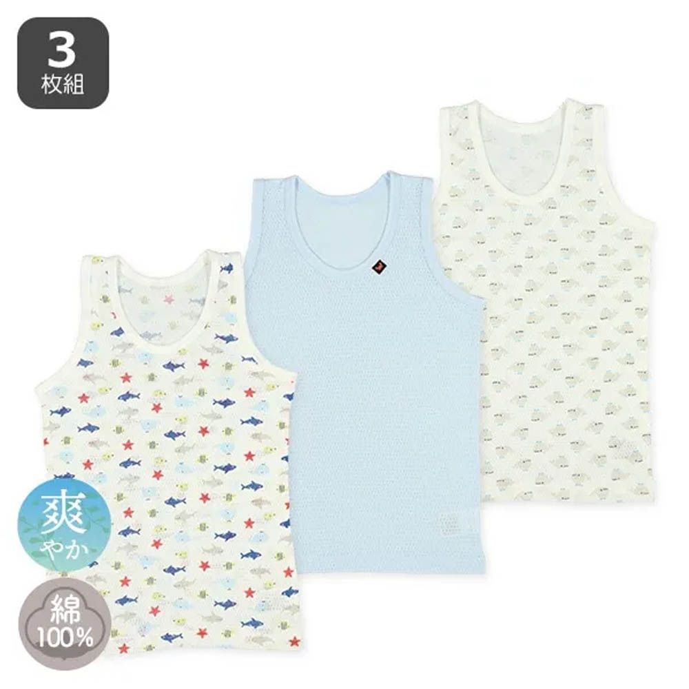 純棉 網眼涼爽背心內衣(3件組)-海洋動物系系列-白x藍