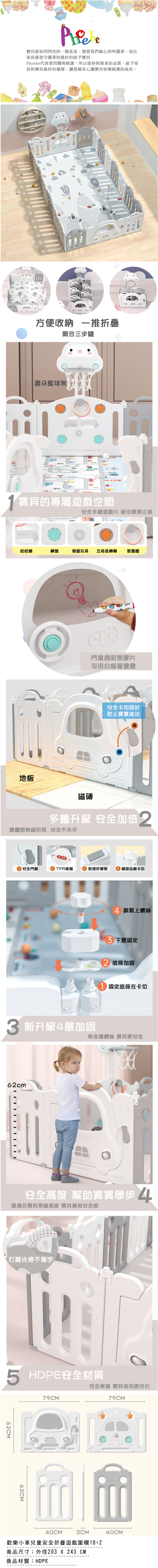 Phoebe - 歡樂小車兒童安全折疊遊戲圍欄-18+2片組