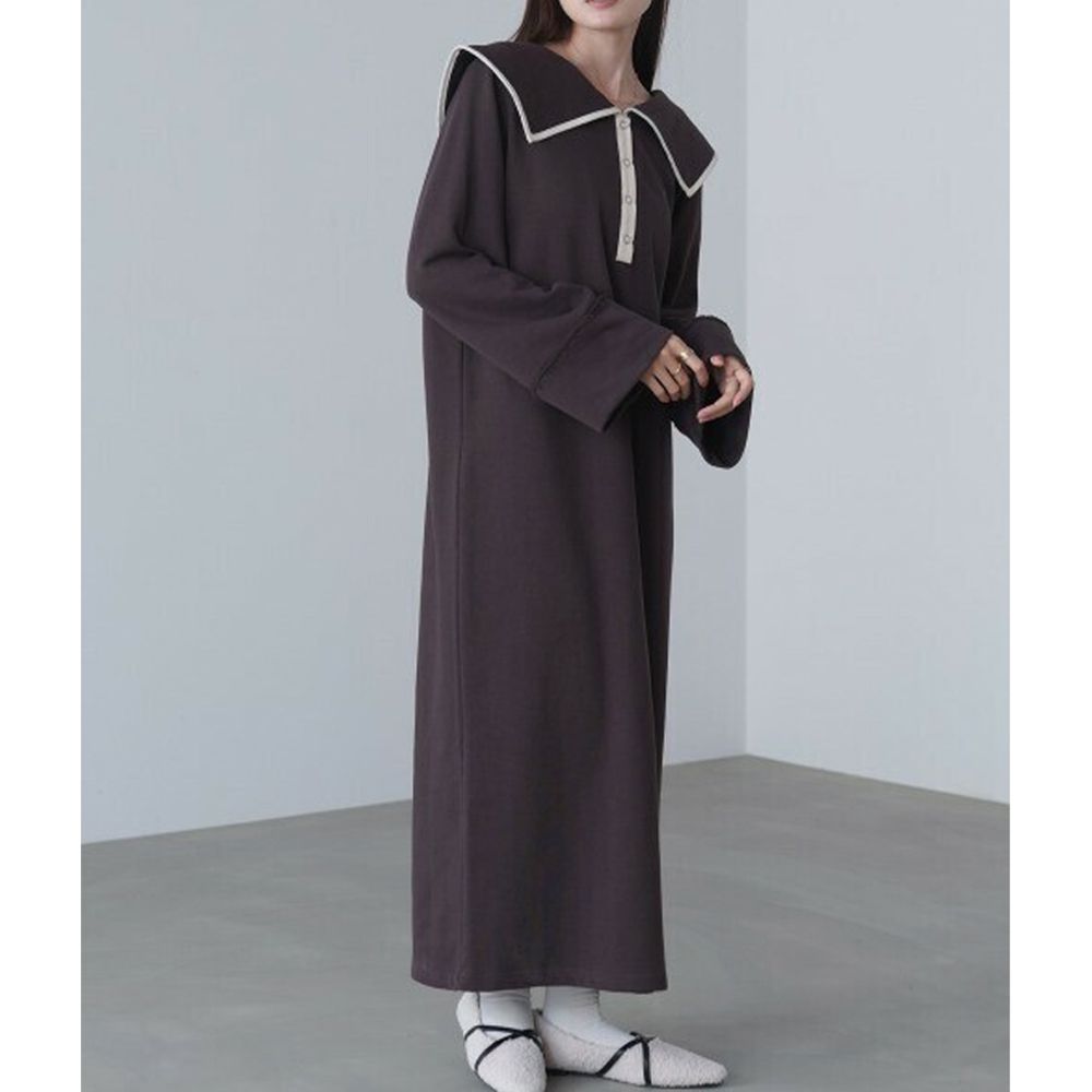 滾邊個性大翻領休閒長袖洋裝-咖啡