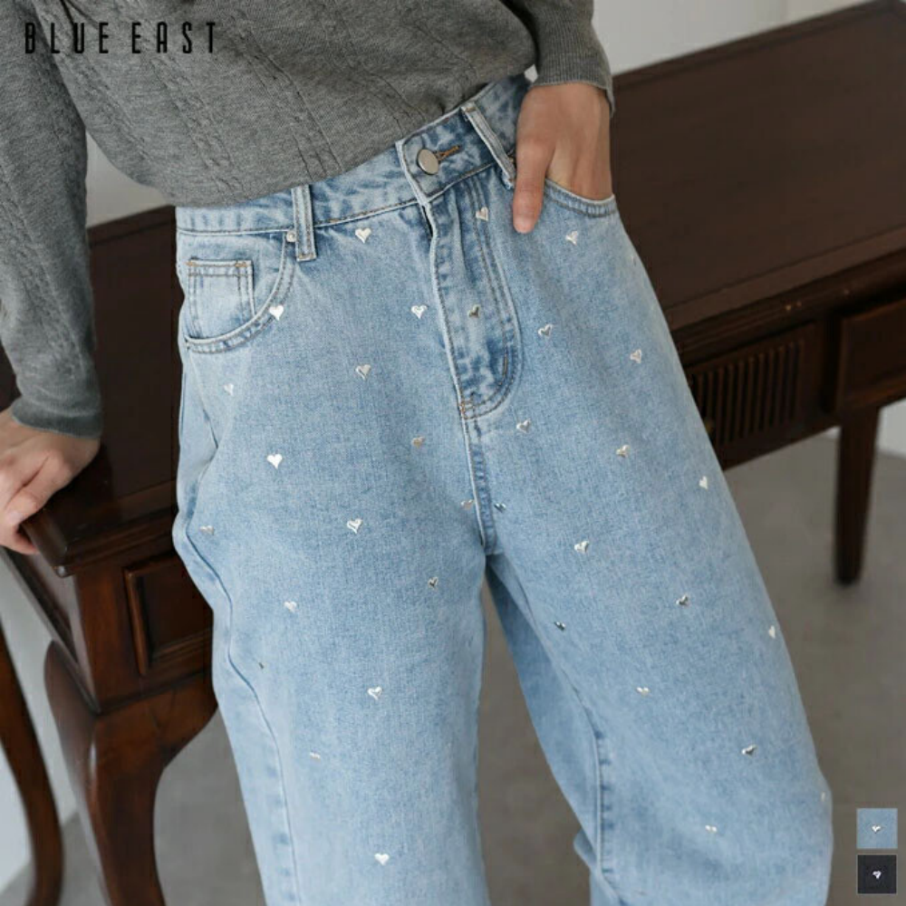 滿版愛心鉚釘高腰丹寧寬褲-淺藍