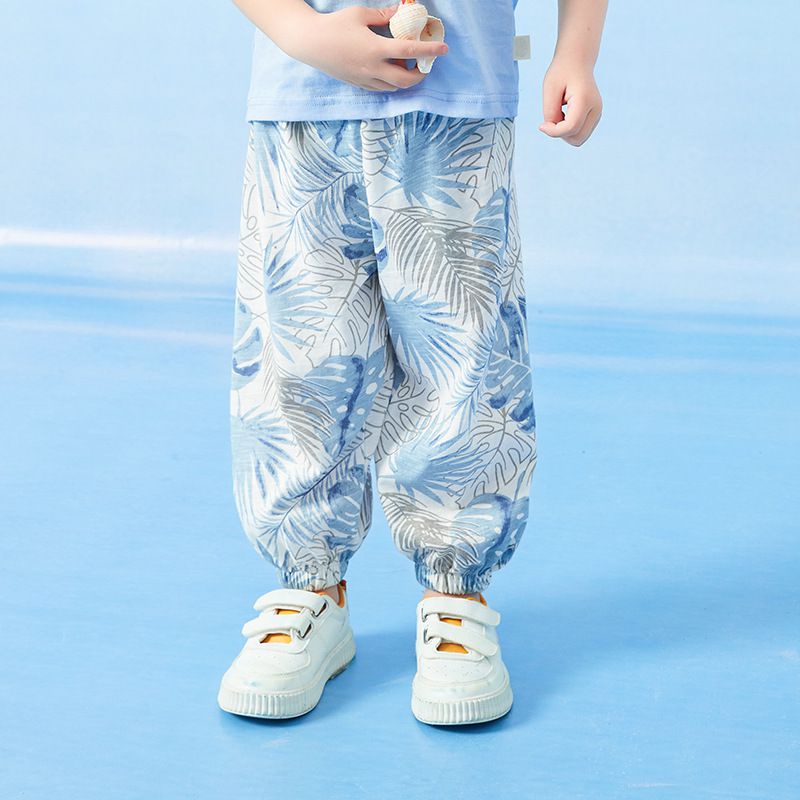 純棉束口長褲/防蚊褲-葉子-藍+白