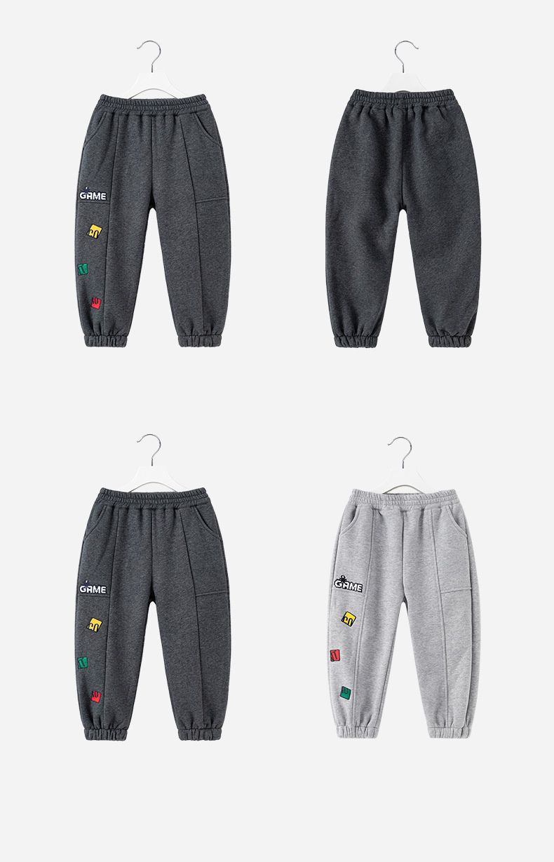 加絨腰鬆緊休閒保暖束口長褲-GAME-深灰色