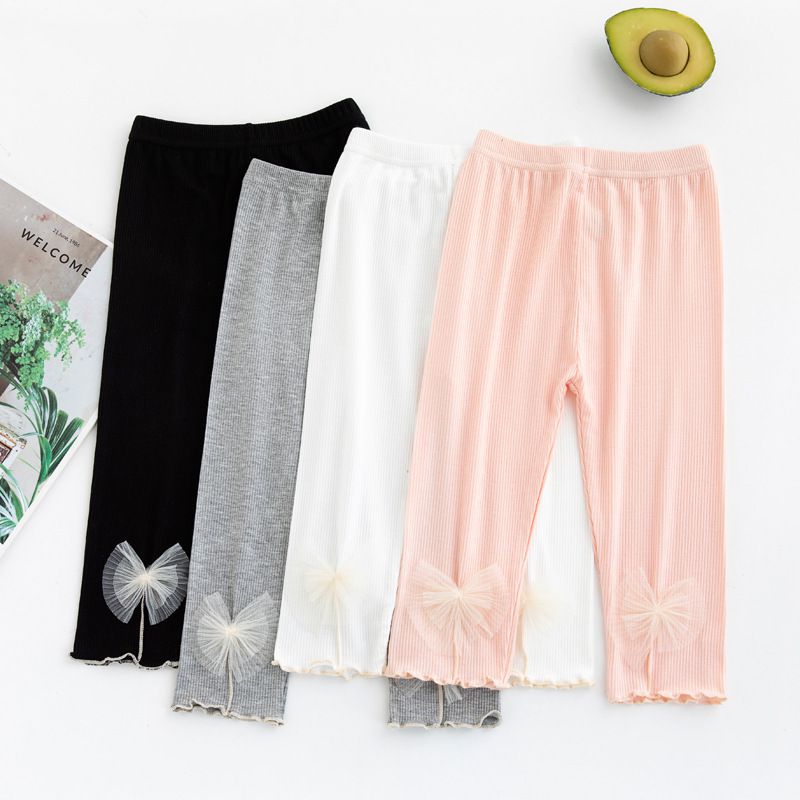 FANMOU - 莫代爾螺紋透氣七分內搭褲-扇貝蝴蝶結-灰色