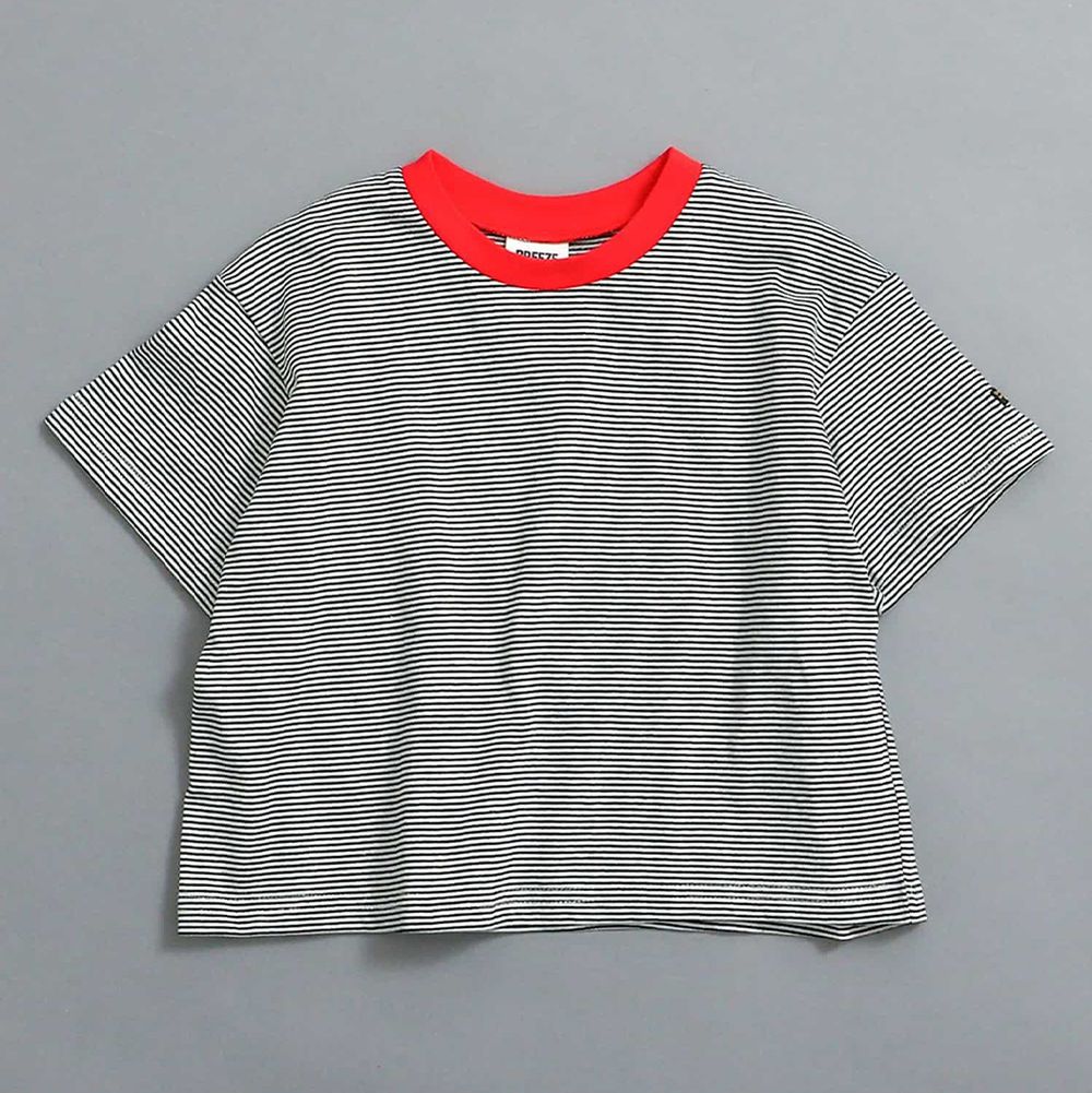 純棉百搭定番短袖上衣-細條紋-白x紅領