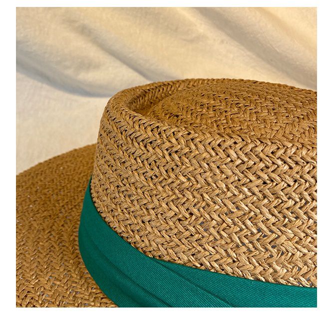 復古編織平頂遮陽草帽-藍色卡其 (56-58cm)