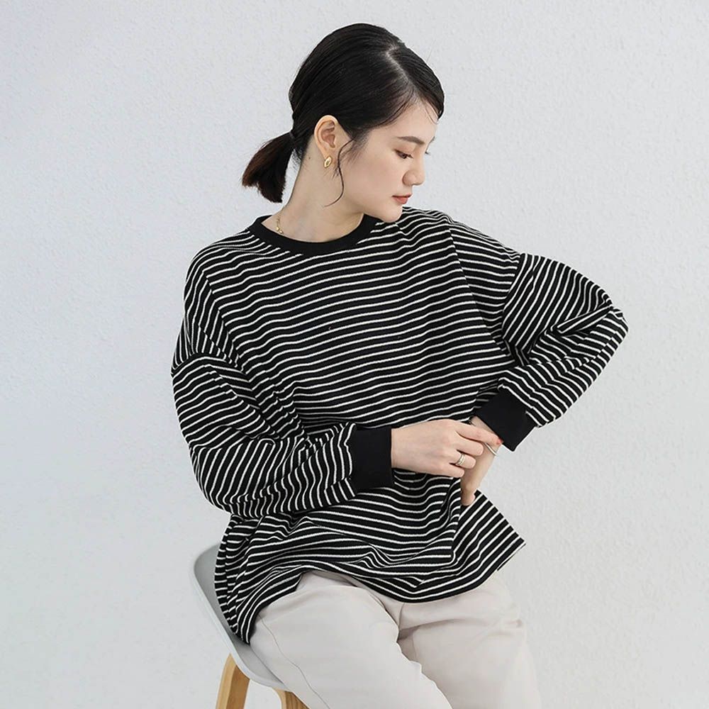 抗皺落肩針織感長袖上衣-拼色款-黑色條紋 (F)