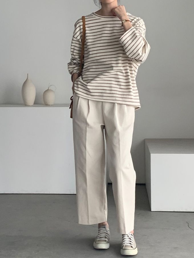 韓國女裝連線 - 不對稱後開衩條紋長袖上衣-可可咖 (FREE)