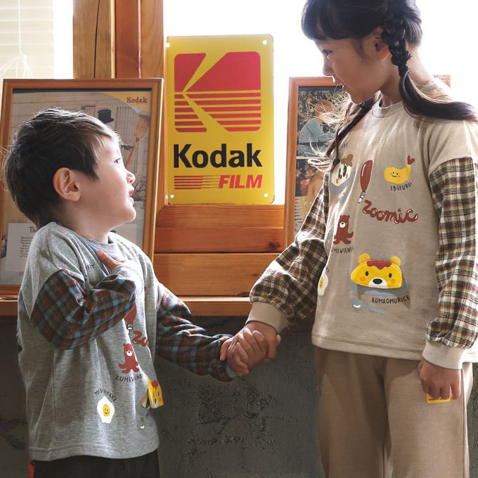 日本 ZOOLAND - 美味印花格紋拼接長袖上衣-灰