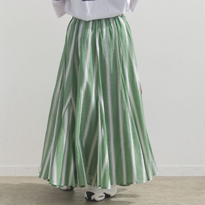 日本 OMNES - 100%印度棉 清爽飄逸長裙-綠條紋