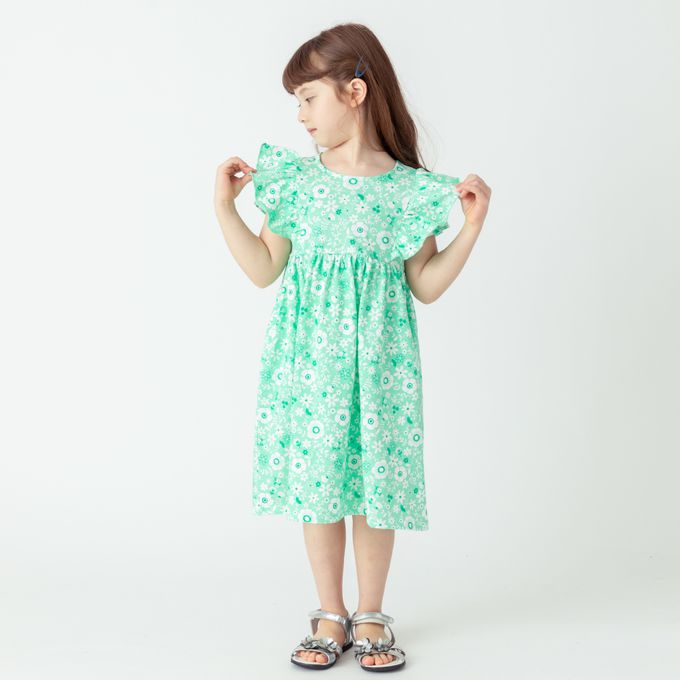 日本 evercloset - 少女花卉雙層荷葉袖洋裝-粉紅