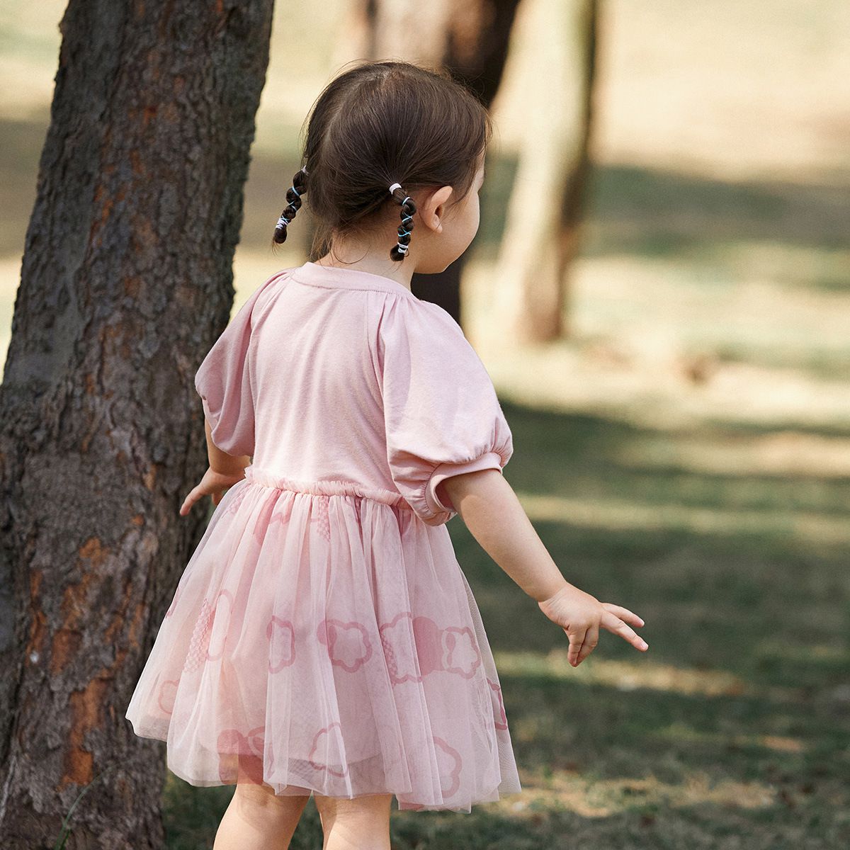 網紗公主袖連身洋裝-微笑小圖-粉色