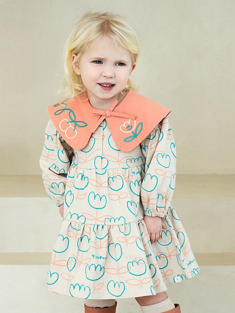 韓國Pimpollo - 可拆翻領可愛花朵洋裝-灰