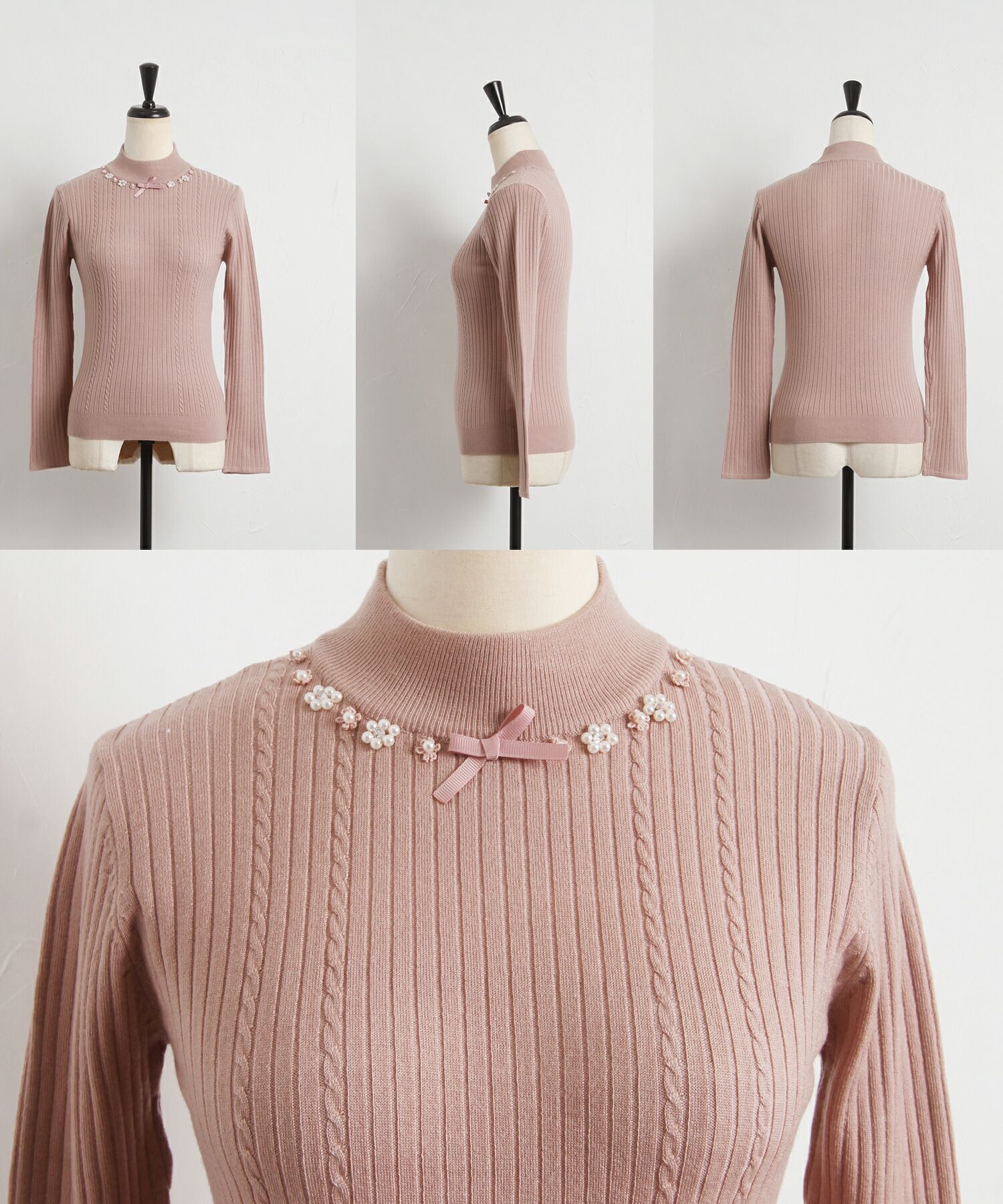 日本 tocco-closet - 氣質珍珠花朵針織上衣-奶油杏