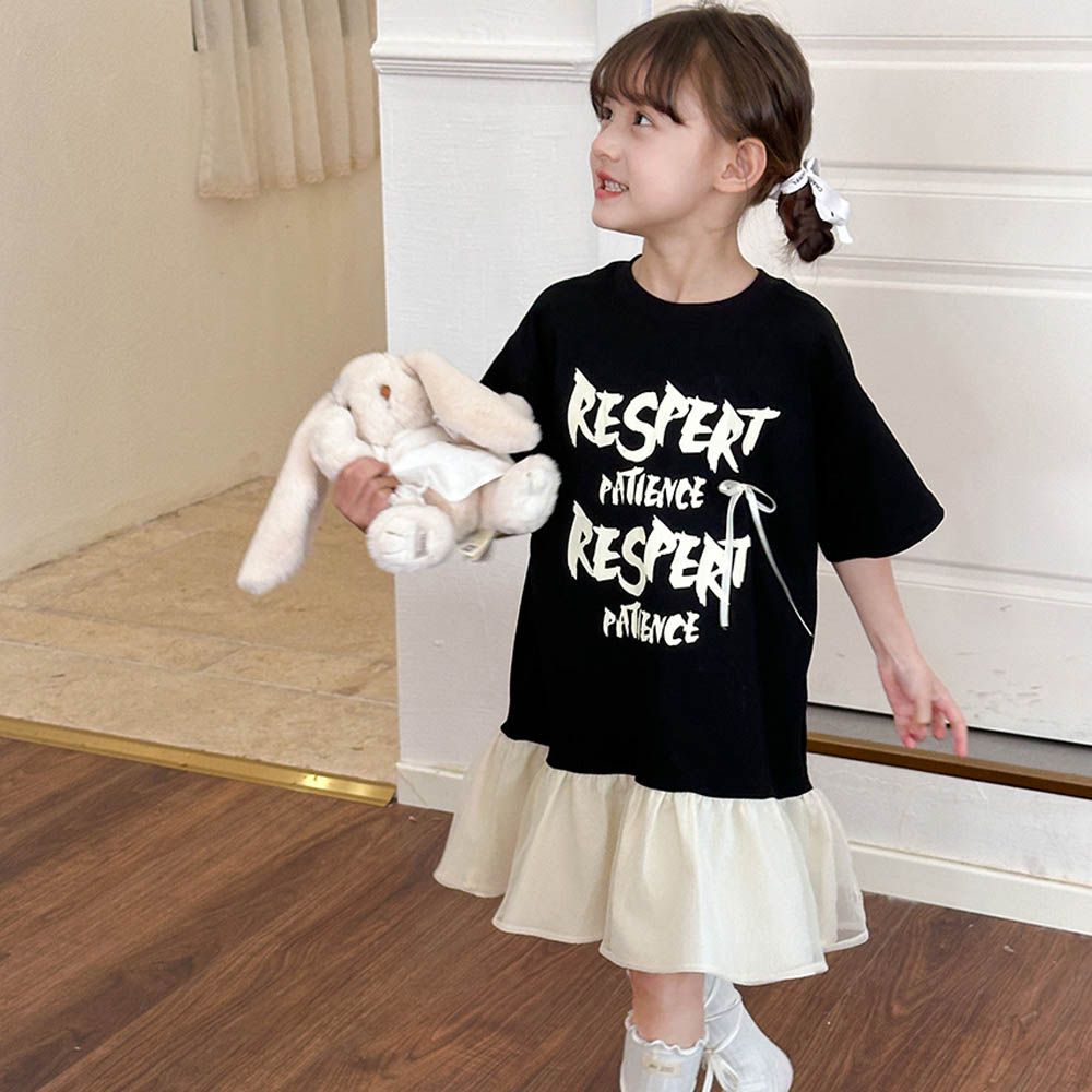 設計感假兩件短袖洋裝-蝴蝶結-黑色