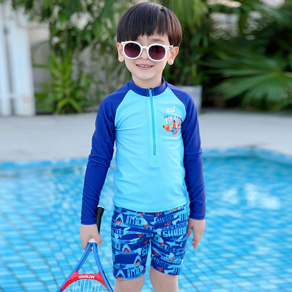 361° - 兒童卡通圖防曬長袖泳衣套裝(二件組)-藍色