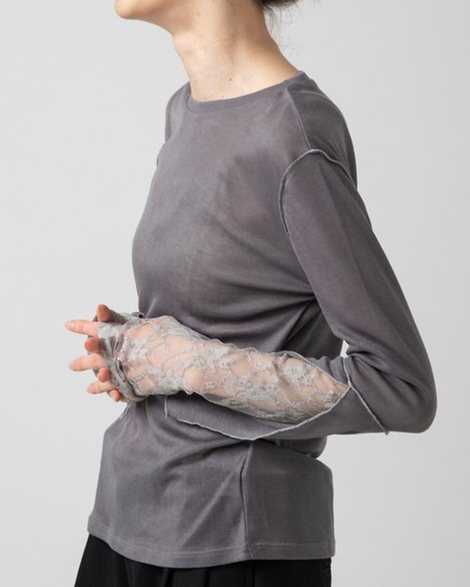 日本 gleam - 薄透合身蕾絲拼接長袖上衣-白