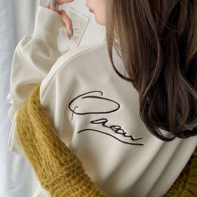 日本 Classical Elf - 背後率性logo刺繡裏起毛落肩上衣-灰藍色字-煙燻粉