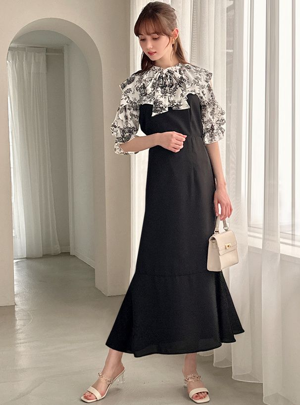 日本 GRL - 浪漫碎花拼接魚尾裙短袖洋裝-經典黑