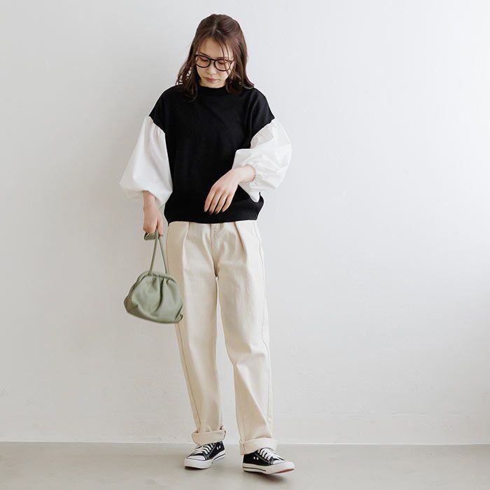 日本 ihuu - 氣球袖拼接薄針織上衣-黑x白