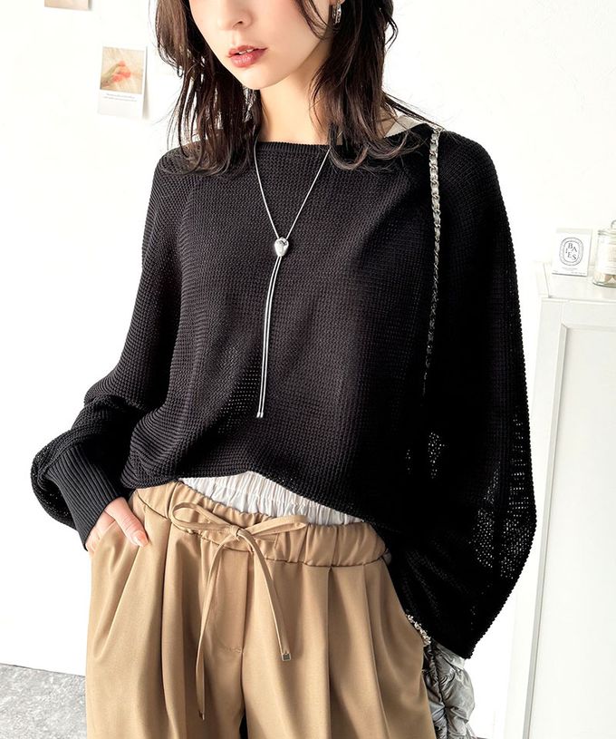 日本 Classical Elf - 透膚華夫格寬大率性長袖上衣-炭灰x米白