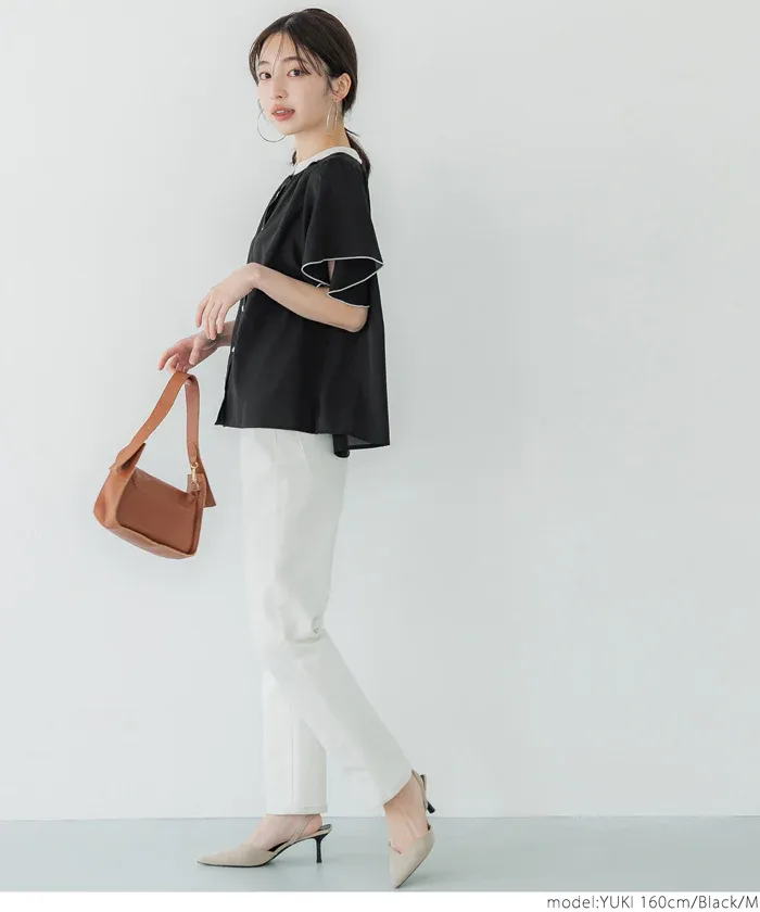 日本 COCA - 簡約撞色雪紡荷葉短袖襯衫-白