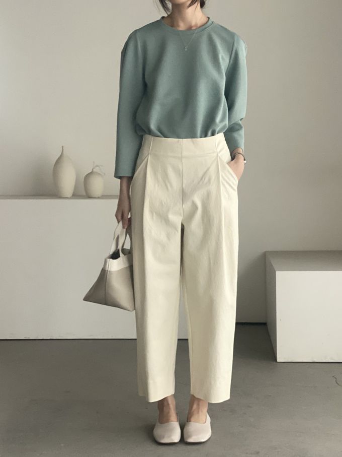 韓國女裝連線 - 設計感抓褶拼接八分袖上衣-藍綠 (FREE)