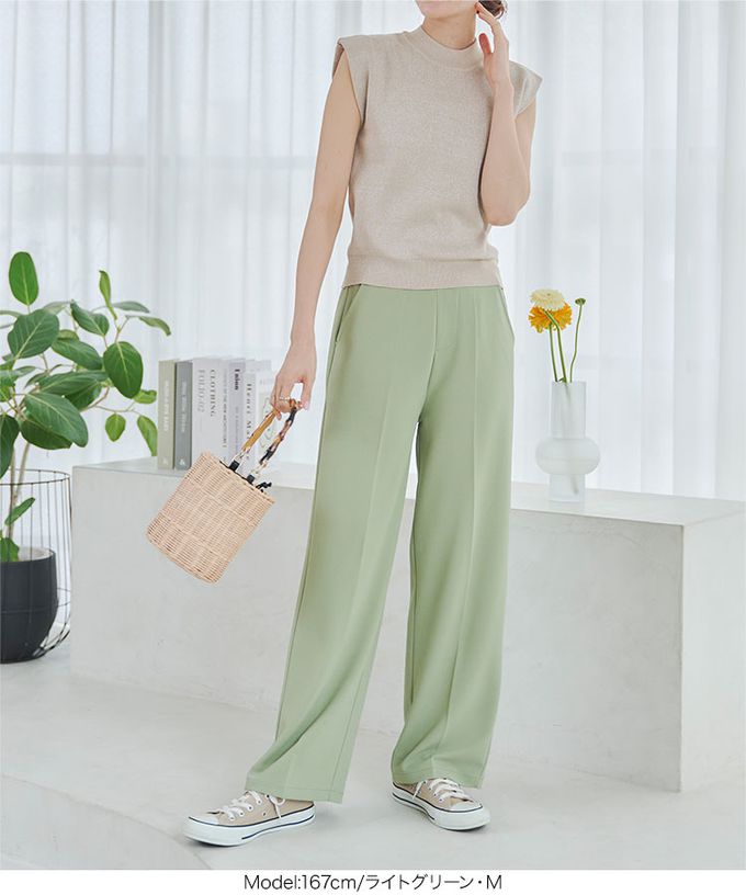 日本 Kobe Lettuce - 美腳中線！不易皺喬其紗寬版長褲-粉紅