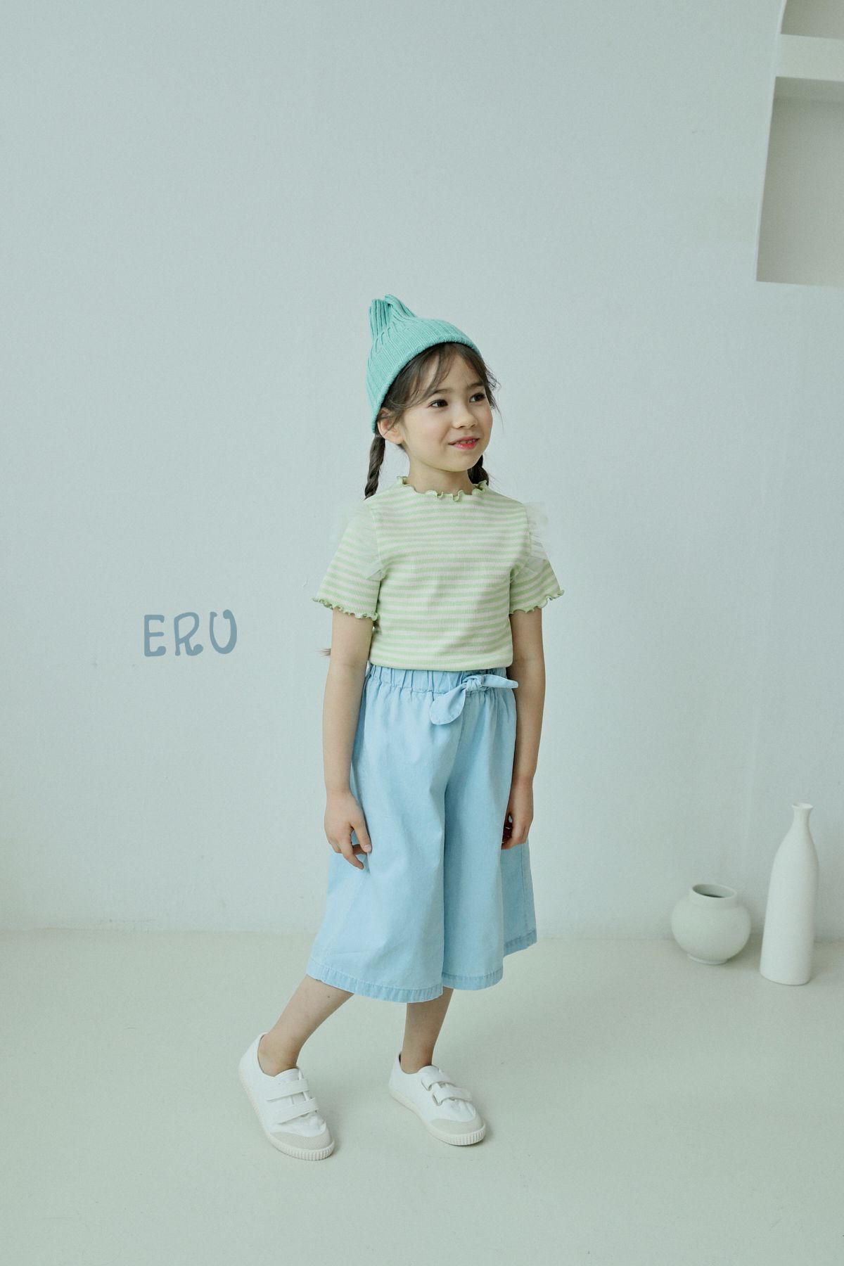 韓國 ERU - 網紗裝飾袖條紋T-紫