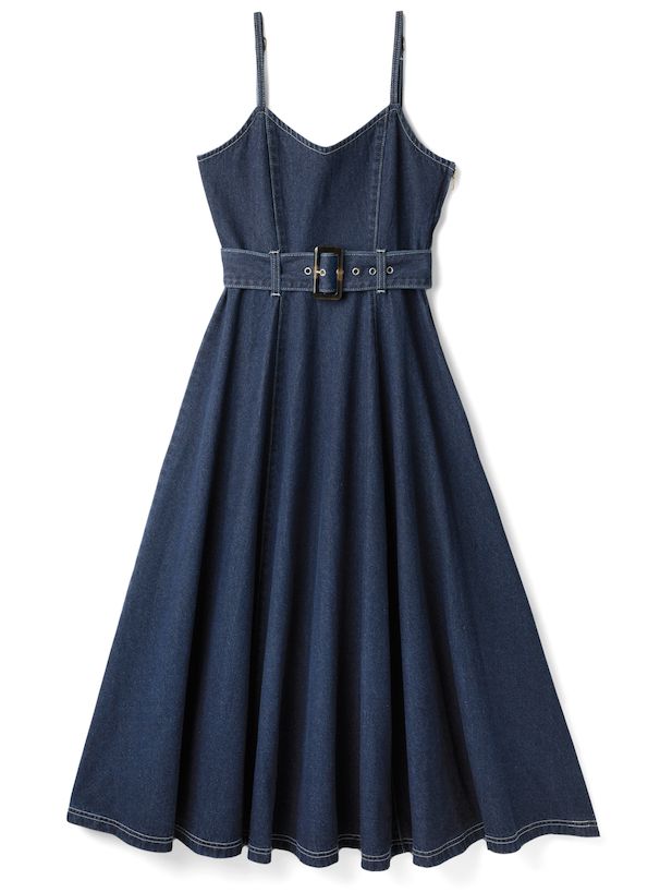 日本 GRL - 率性收腰丹寧吊帶裙(附腰帶）-靛藍