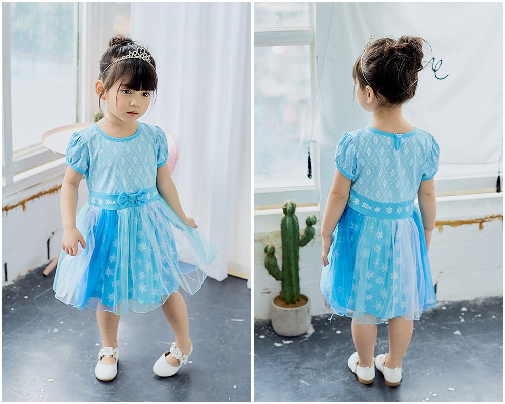 短袖造型公主裙-北歐藍黃色
