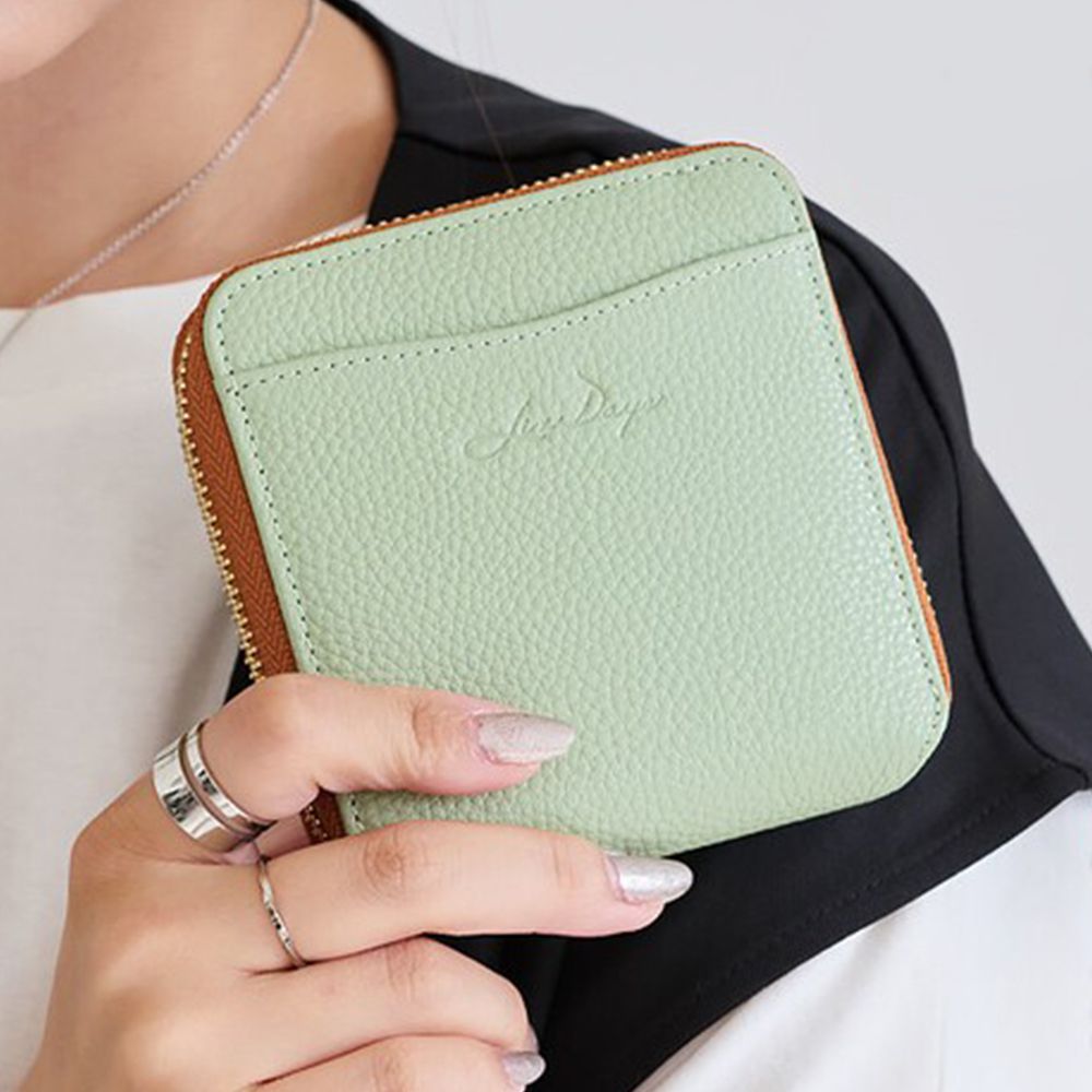 優雅輕量迷你真皮短夾(防盜設計)-果綠x咖 (10.5x11cm)