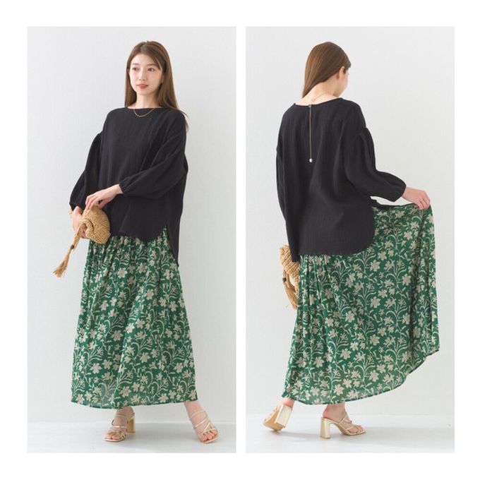 日本 OMNES - 100%印度棉 簡潔二重紗澎袖上衣-深藍格紋