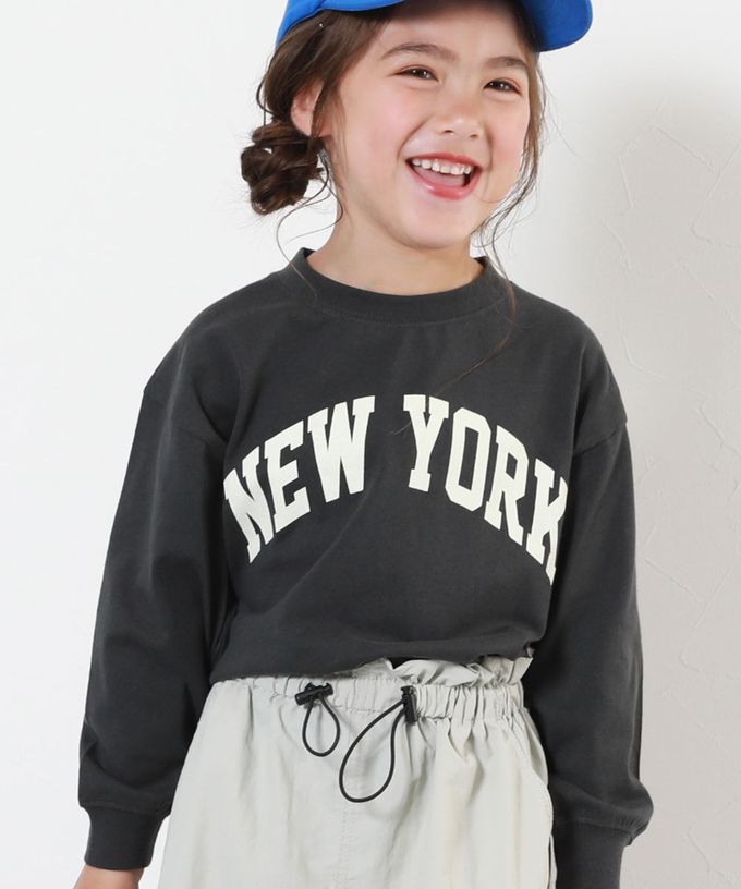 日本 devirock - 100%棉 定番印花寬版長袖上衣-PEACH LOVES-灰杏